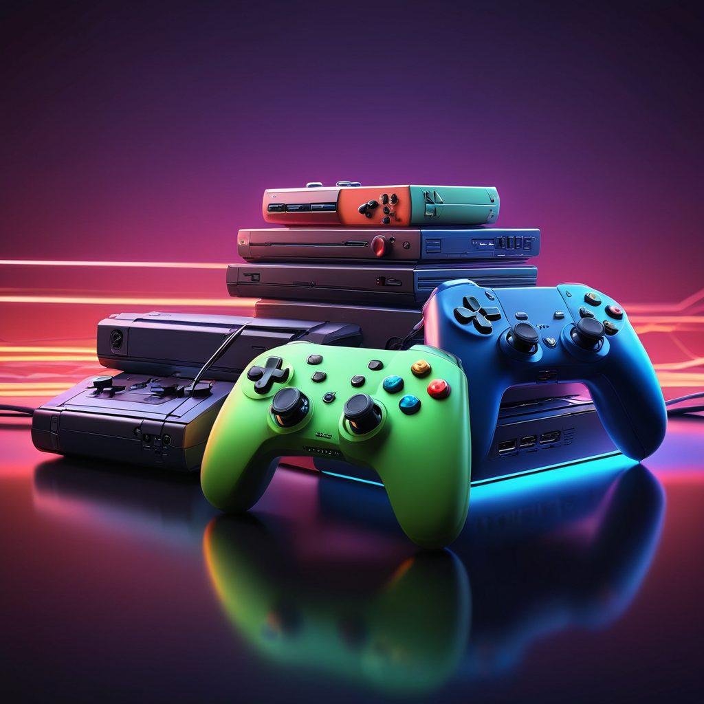 A vibrant visual of various gaming consoles from different generations, seamlessly connected through digital lines, showcasing iconic characters emerging from each console. The background features a multicolored gradient reflecting the evolution of gaming technology. Include subtle hints of code and pixels floating around to emphasize the emulation theme. super-realistic. vibrant colors. 3D.