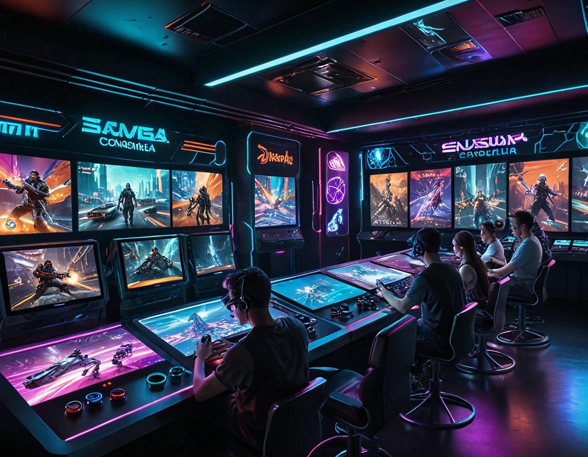 A futuristic gaming environment showcasing diverse players enjoying cross-platform gaming on various devices, highlighting a sophisticated iEmulator interface. Surround the scene with holographic screens displaying vibrant game worlds and retro consoles blending with modern technology. Include a sense of excitement and connectivity as characters interact seamlessly across platforms. super-realistic. vibrant colors. cyberpunk.