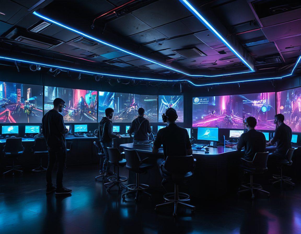 A futuristic gaming landscape featuring a diverse group of gamers interacting with advanced technology like VR headsets, holographic screens, and innovative gaming gadgets. The environment is filled with neon colors and dynamic digital elements that suggest an evolving gaming ecosystem. Include elements of collaborative gaming and a sense of community among players of various backgrounds. The atmosphere should be immersive, depicting a blend of excitement and technology. super-realistic. vibrant colors. cyberpunk.